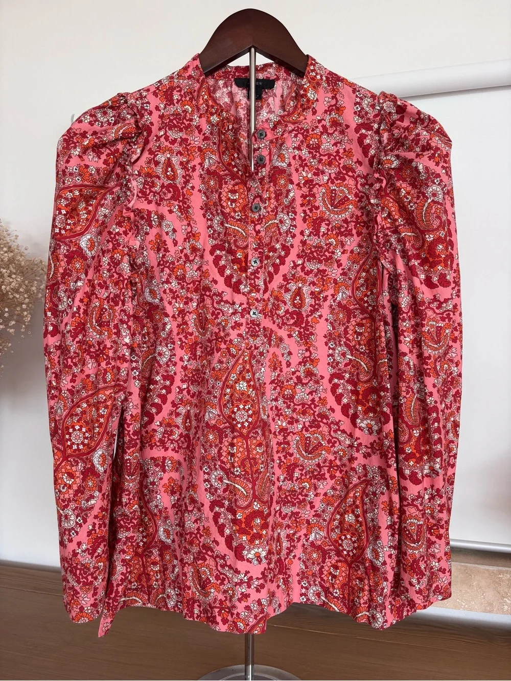 J.Crew Pink Paisley Floral Shirt Cotton Puff Sleeve Blouse Size M Boho Top Fall